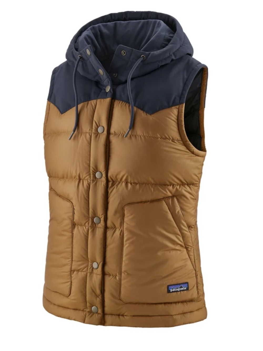 Patagonia Womens Bivy Hooded Puffer Vest Down Fill in Nest Brown Navy Blue Med